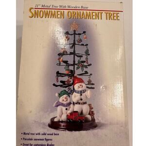 00s Holiday Living Vtg 11" Porcelain Snowman w/Metal Ornament Tree to Decorate